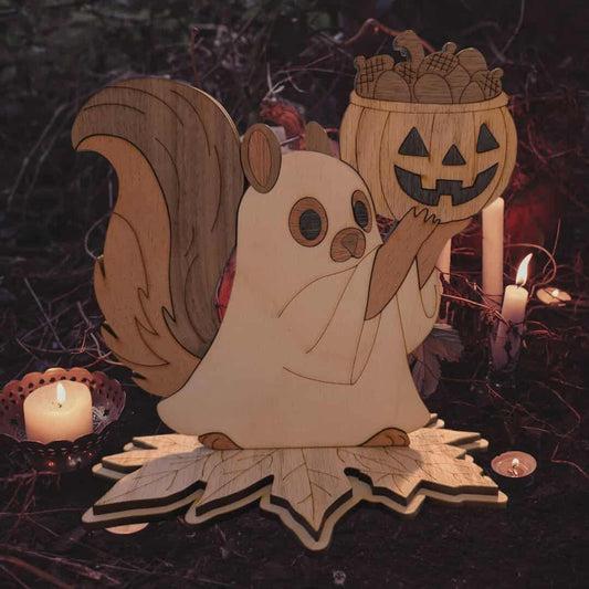 Woodland Ghost Squirrel with Jack-o-lantern Acorn Bucket
